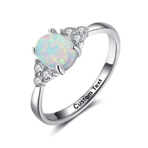 dainty simple rings opal ring for women oval lab created white opal & round cubic zirconia personalized engraved custom name sterling silver (1)