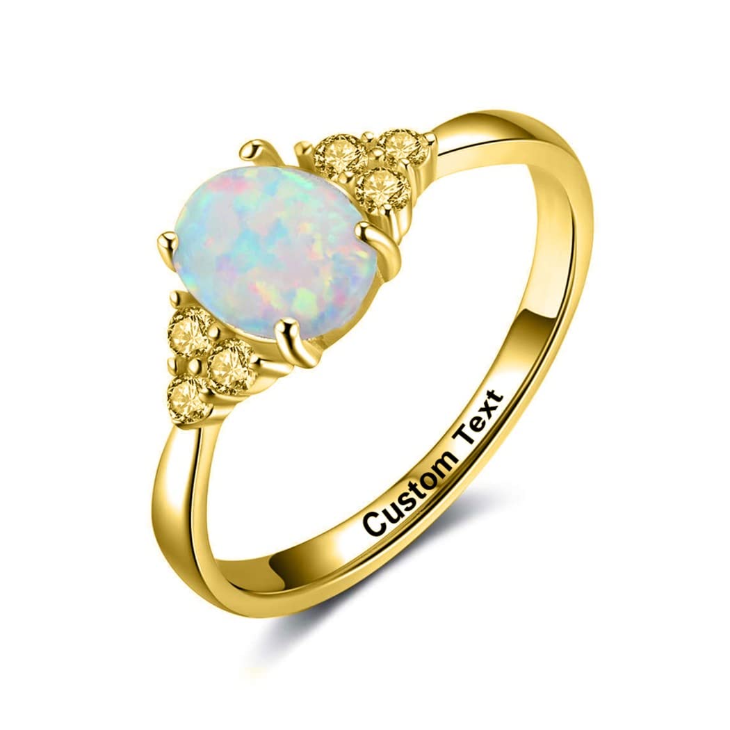 Dainty Simple Rings Opal Ring for Women Oval Lab Created White Opal & Round Cubic Zirconia Personalized Engraved Custom Name Sterling Silver (1)