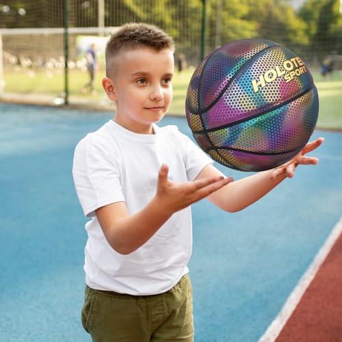 KPASON Basketball, Holographic Reflective Glowing Basketball, Indoor Outdoor Night Basketball Game, Adult & Kids Girls Boys Basketball Gift, Composite Leather Basketballs