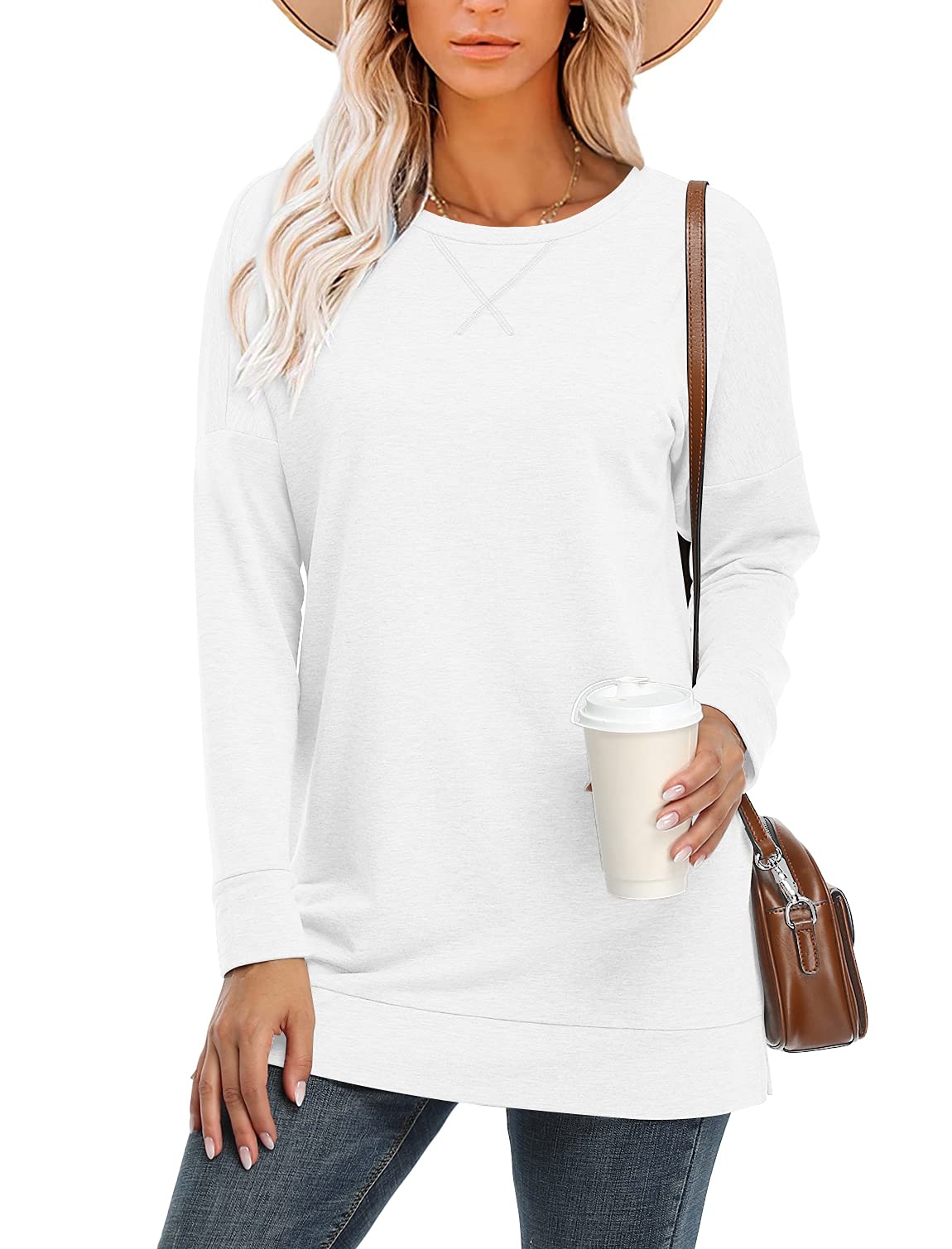 BETTE BOUTIK Cozy Long Sleeve Sweatshirt Women Side Slit Tunic Shirts for Women Sweatshirts for Women Dropped shoulder Tops for Women White Sweatshirt Woman White Large