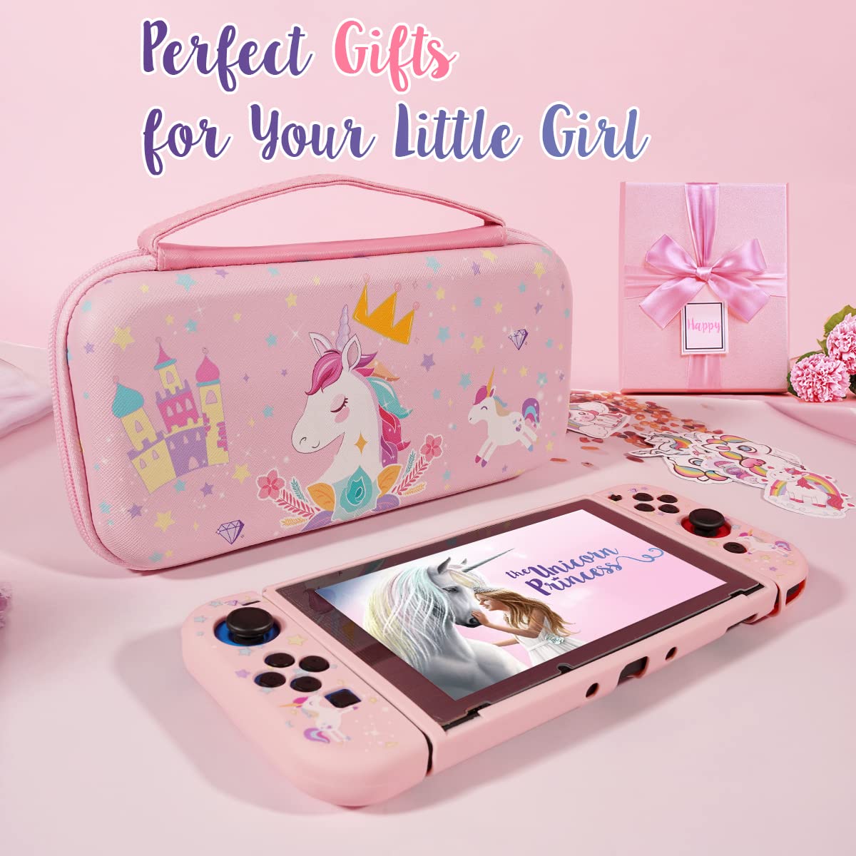 Pink Unicorn Carrying Case Compatible with Nintendo Switch (NOT OLED or LITE) with Dockable Protective Grip Case+Screen Protector+Unicorn Stickers, Hard Storage Case Accessories Kit for Girls Gifts