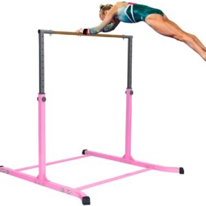 Athletic Bar Kids Gymnastics Horizontal Kip Bar with 6 FT x 4 FT Tumble Mat and Balance Beam Full Set, Adjustable 3 to 5 FT Gymnastic Junior Training Bar for Gymnasts Children, Fiberglass Rail (Pink)