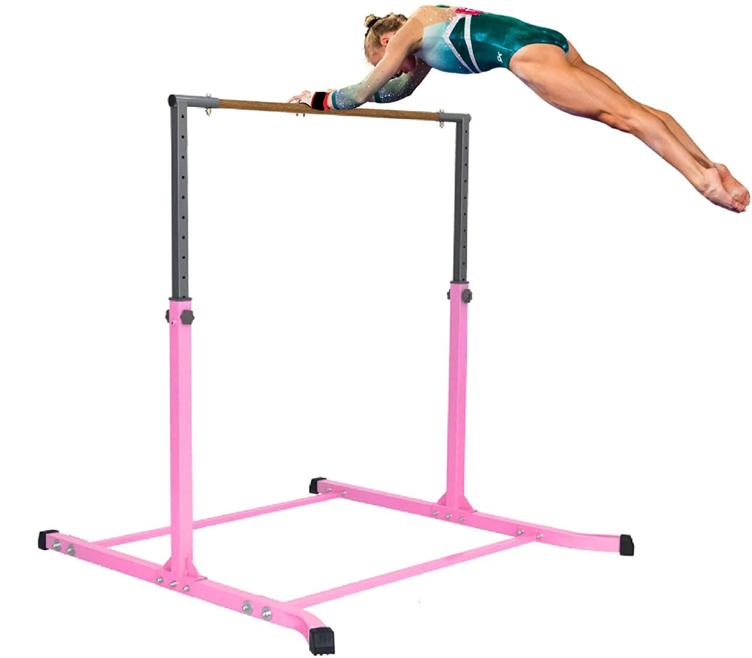 Athletic Bar Kids Gymnastics Horizontal Kip Bar with 6 FT x 4 FT Tumble Mat and Balance Beam Full Set, Adjustable 3 to 5 FT Gymnastic Junior Training Bar for Gymnasts Children, Fiberglass Rail (Pink)