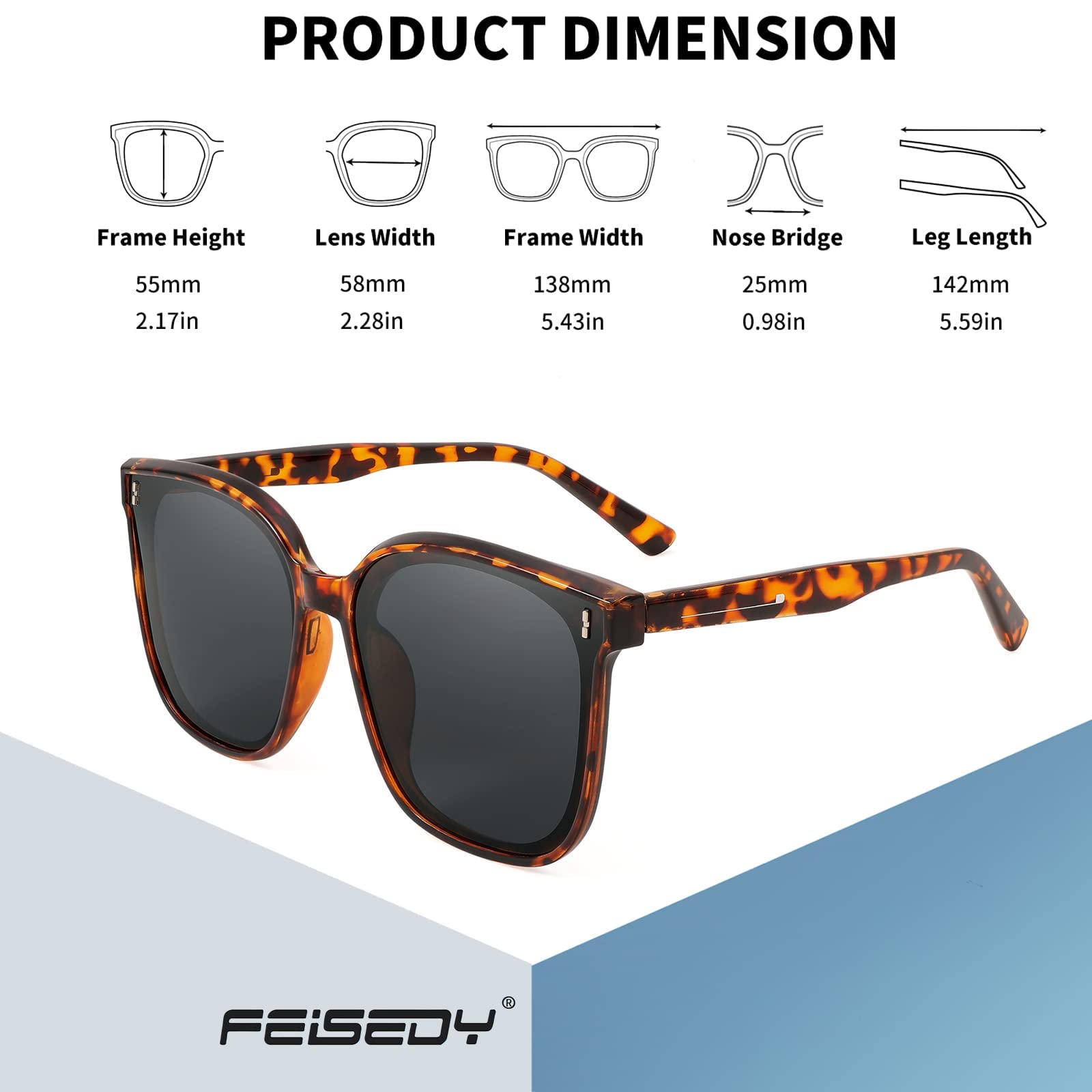 FEISEDY Women Oversized Vintage Polarized Sunglasses Square Cute Trendy Classic Simple Men B2758 (006 Leopard Frame & Grey Lens, 58)