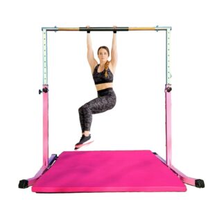 Athletic Bar Kids Gymnastics Horizontal Kip Bar with 6 FT x 4 FT Tumble Mat and Balance Beam Full Set, Adjustable 3 to 5 FT Gymnastic Junior Training Bar for Gymnasts Children, Fiberglass Rail (Pink)