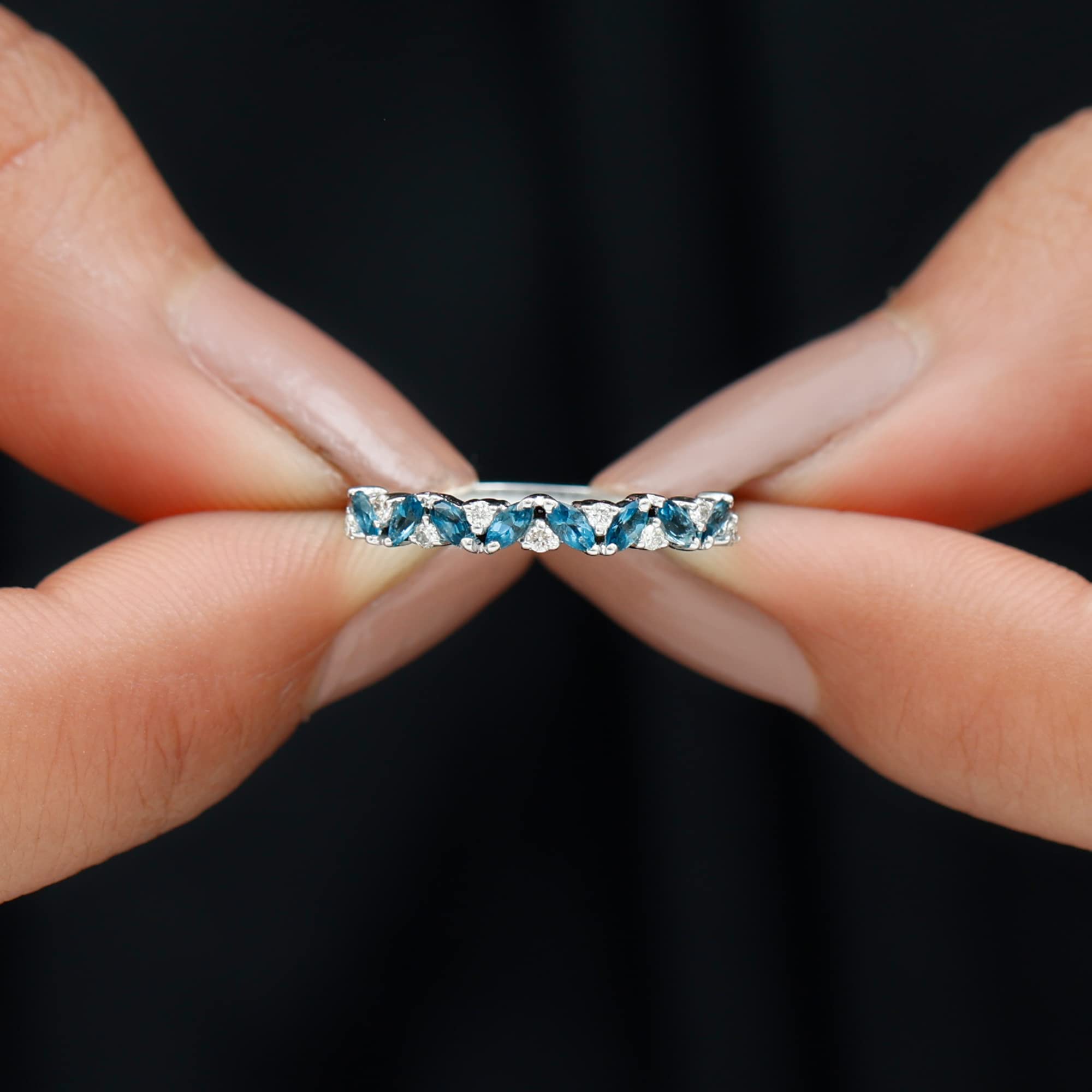 Rosec Jewels London Blue Topaz and Diamond Ring, Alternate Blue Topaz Semi Eternity Ring, 14K White Gold, Size:US 5.50