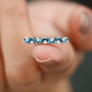 Rosec Jewels London Blue Topaz and Diamond Ring, Alternate Blue Topaz Semi Eternity Ring, 14K White Gold, Size:US 5.50