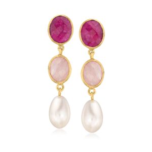 ross-simons 9x13mm cultured pearl and 12.90 ct. t.w. multi-gemstone drop earrings in 18kt gold over sterling