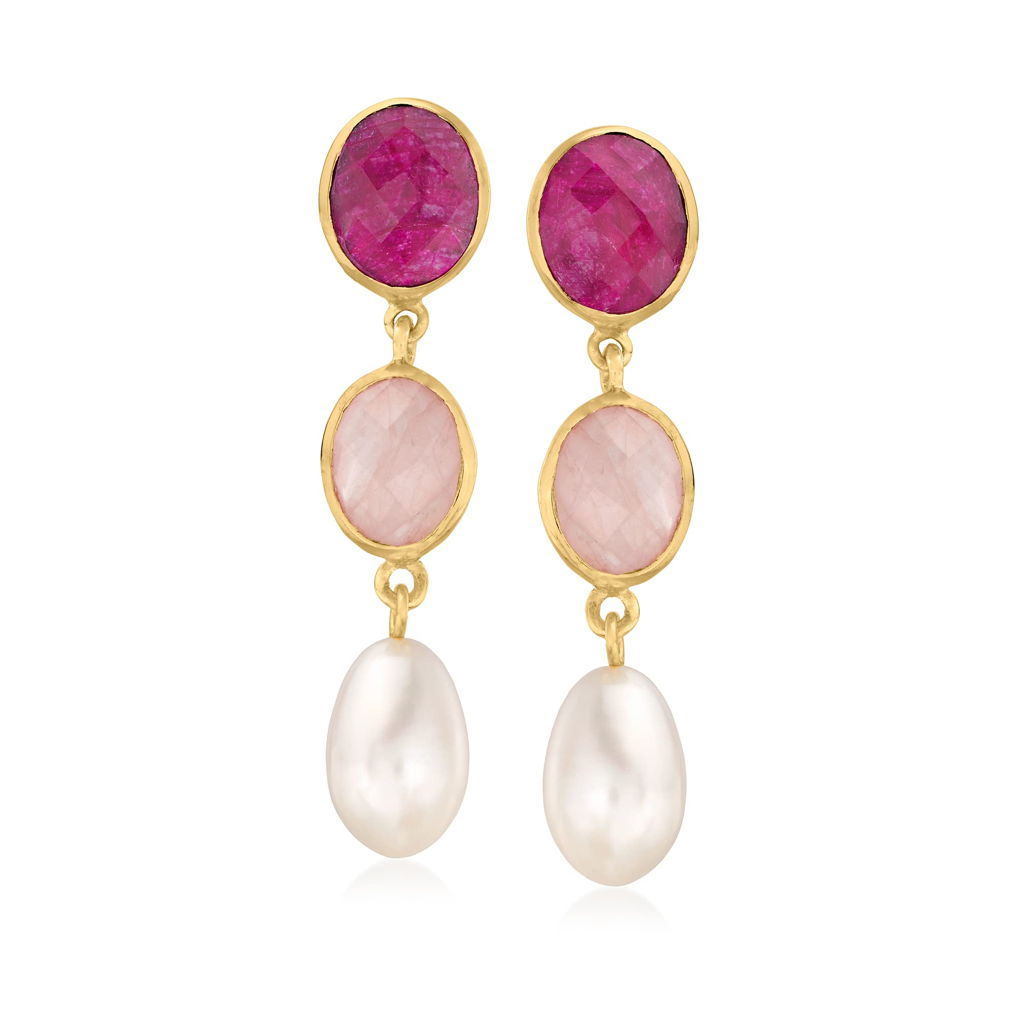 Ross-Simons 9x13mm Cultured Pearl and 12.90 ct. t.w. Multi-Gemstone Drop Earrings in 18kt Gold Over Sterling