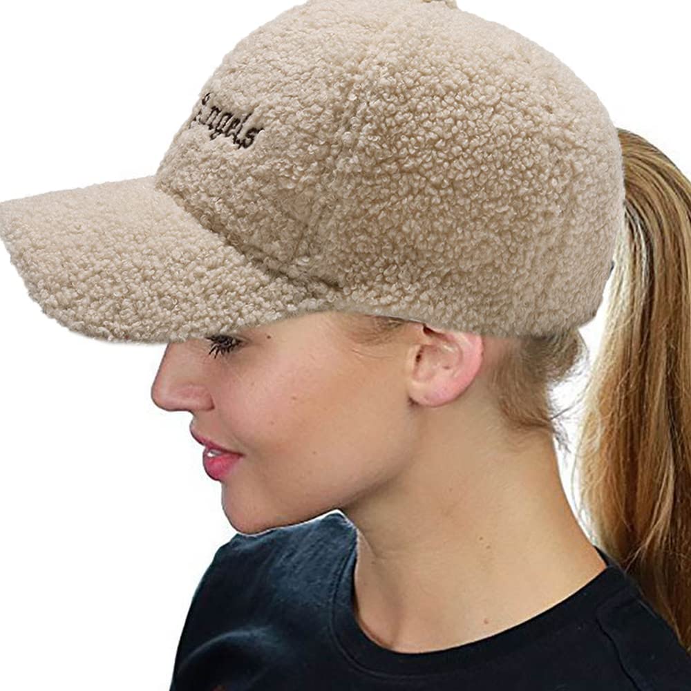 Lamb-Wool Baseball-Caps Adjustable,Teddy-Fleece Baseball Hat,Winter Hat Ponytail Hole for Women Men Outdoor Travel (Beige)