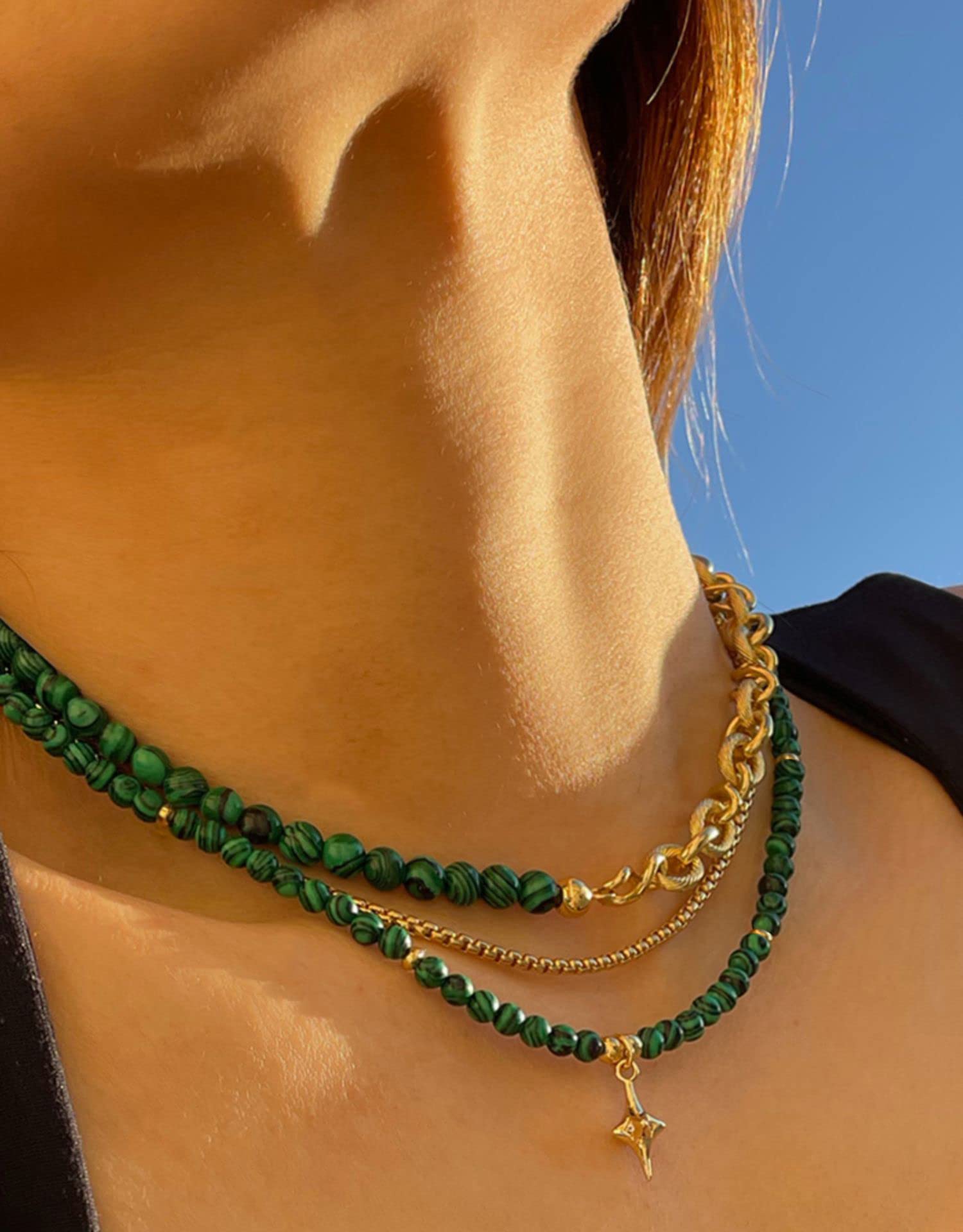 PEARLADA Boho Malachite Beaded Choker, Chakra Gemstone Necklace for Women, 18k Gold Star Charm Pendant Necklace