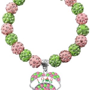 TongXin Greek Sorority Paraphernalia Gifts Sorority Bracelet Leaf Pendant Jewelry Pink and Green Bead Bracelet for Women (Heart Charm)