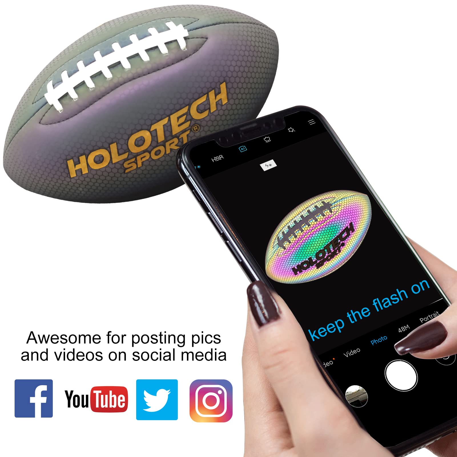 KPASON Football, Holographic Football Official Size 9 Reflective Glowing Footballs for Kids, Teens and Adults, Composite Leather Football