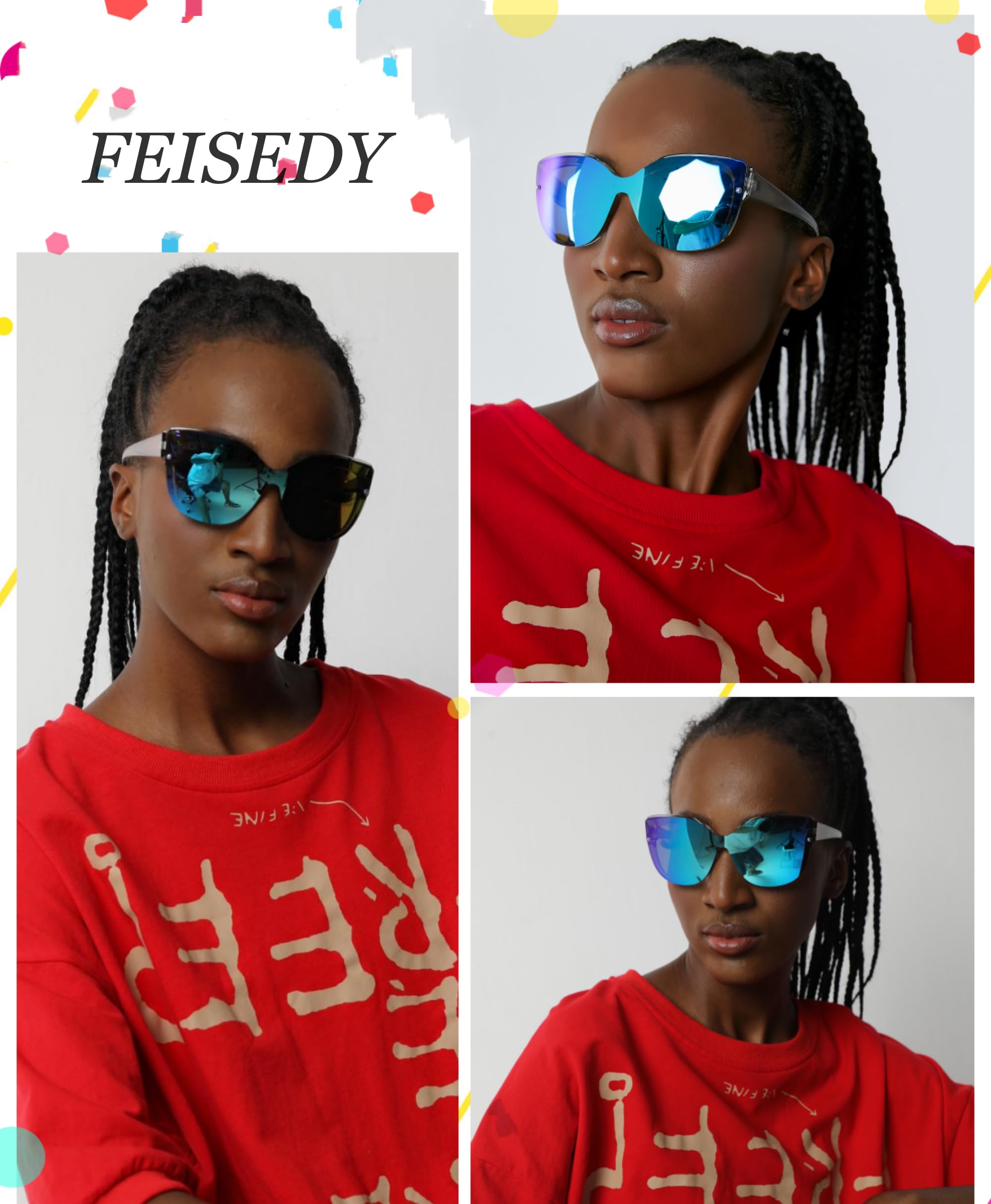 FEISEDY Cat Eye Sunglasses Polarized for Women Men，Rimless Mirrored Sunglasses, Oversized, Trendy Retro Sun Glasses B2796 Transparent Grey/Blue Mirror