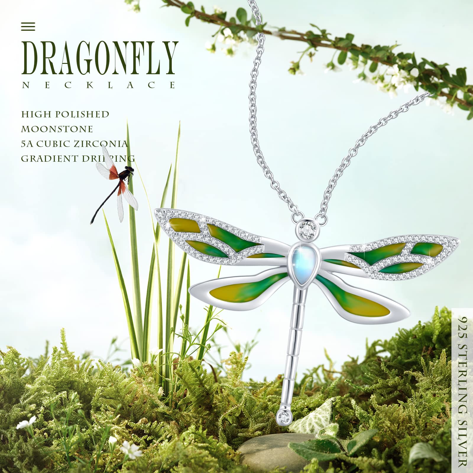 Dragonfly Moonstone Necklace 925 Sterling Silver Dragonfly Pendant Necklaces for Woman Sister Best Friend Dainty Cute Animal Delicate Jewelry Birthday Christmas Gift