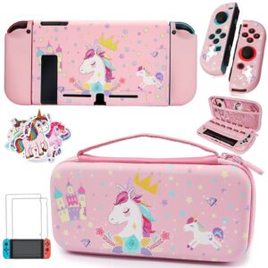 pink unicorn carrying case compatible with nintendo switch (not oled or lite) with dockable protective grip case+screen protector+unicorn stickers, hard storage case accessories kit for girls gifts