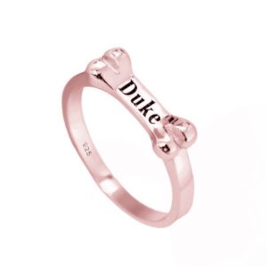 925 Sterling Silver Personalized Dog Bone Name Ring Pet Lover Memorial Jewelry Custom Dog Mom Rings (Rose Gold)