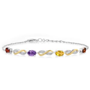 Gem Stone King 925 Silver and 10K Yellow Gold Customized and Personalized 4-Stone Oval Gemstone Birthstone and Lab Grown Diamond Infinity Tennis Bracelet For Women | Fully Adjustable Up to 7.5 Inch