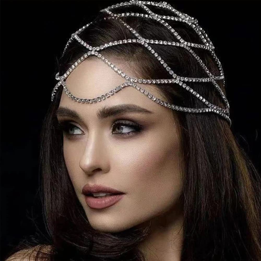 StoneFans Rhinestone Mesh Headpiece Cap Silver Roaring 20s Crystal Flapper Head Chain Bridal Party Hair Accessories for Women Girls (Silver)