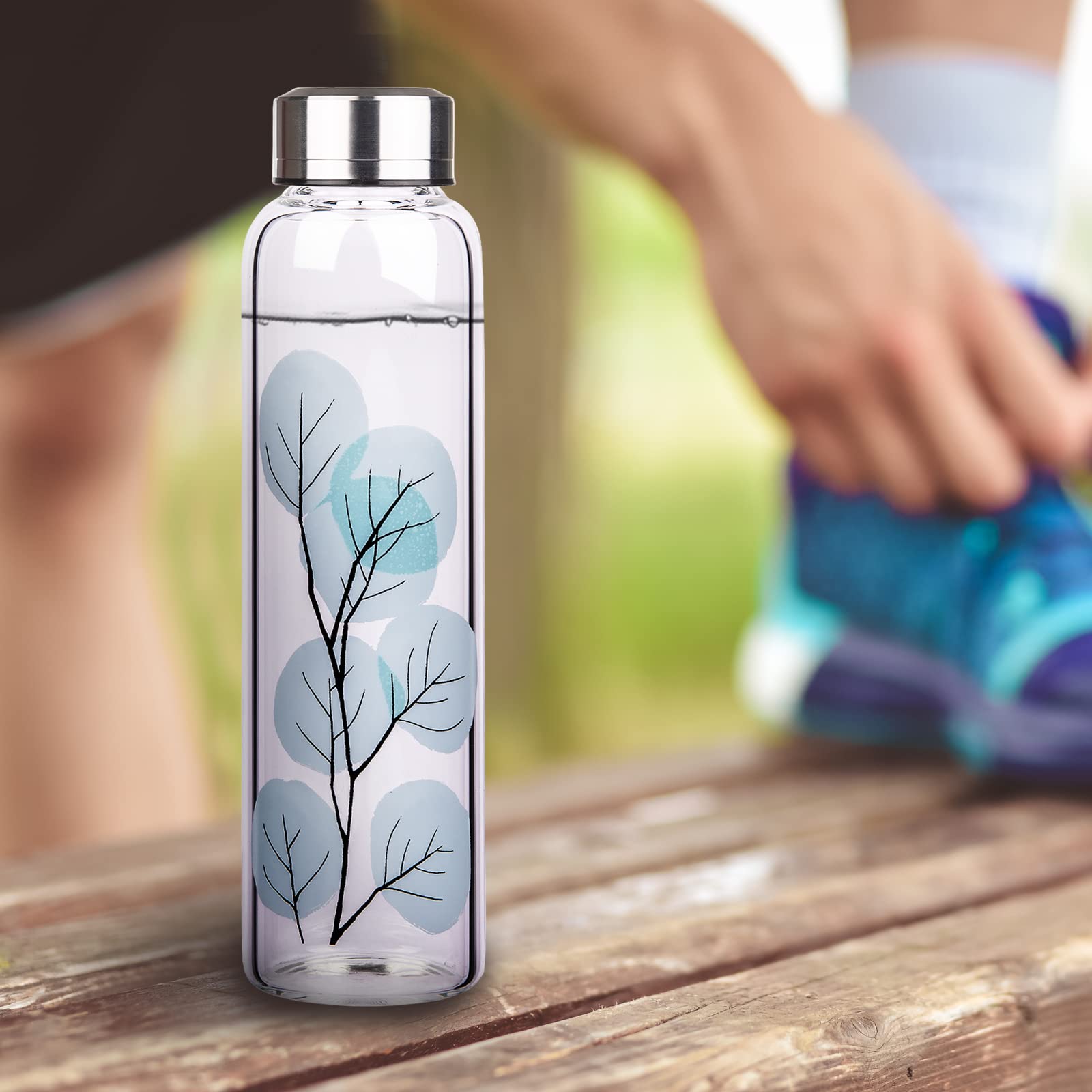 Reeho Borosilicate Glass Water Bottle, Sports Glass Drinking Bottle with Neoprene Sleeve and Stainless Steel Lid 16oz / 32oz (32oz, Blue Leaves)