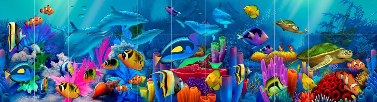 Ceramic Backsplash Tile Mural Dolphin Whale Underwater Ocean Fish Kitchen/Bathroom/Shower - Neptunes Garden - David Miller