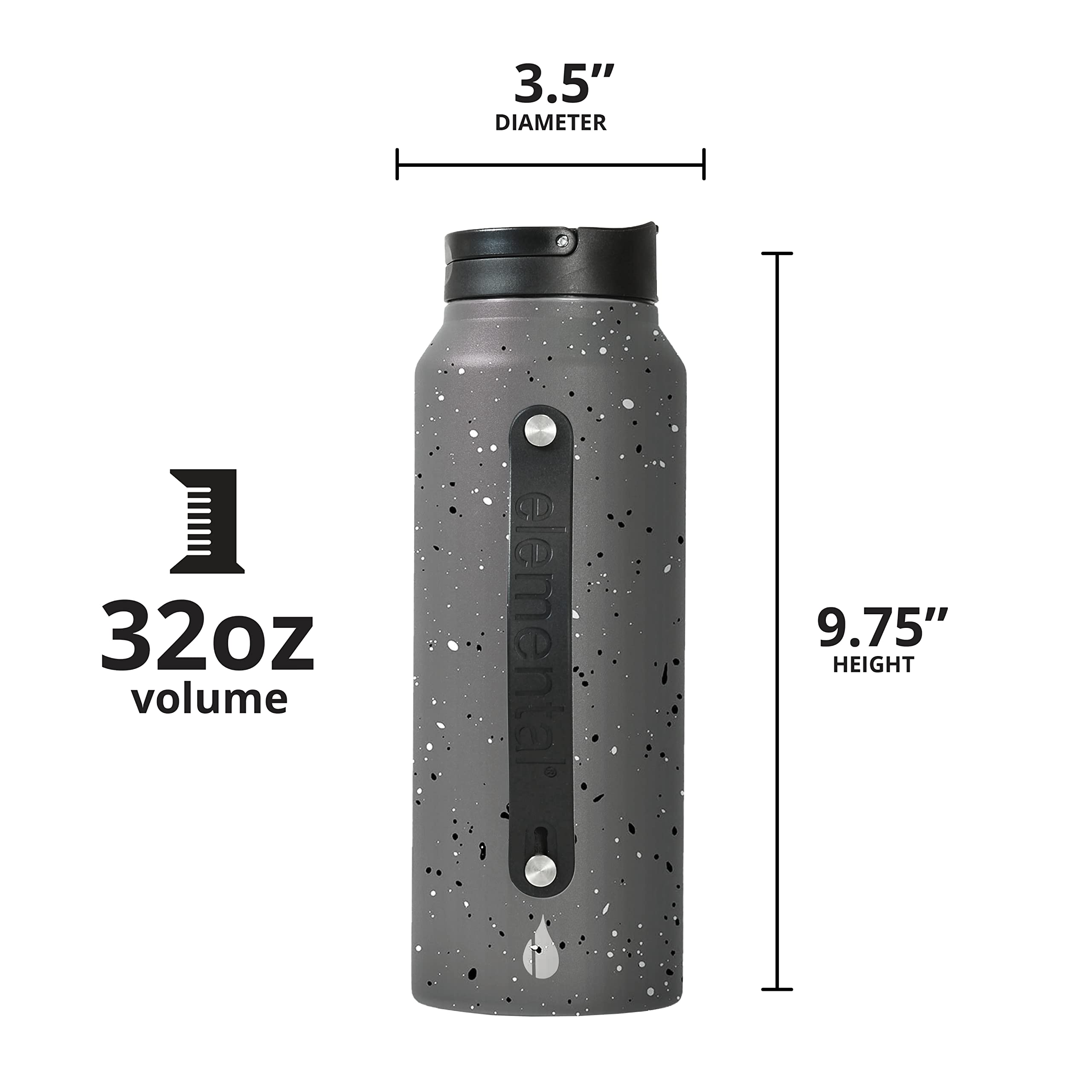 Elemental Iconic Stainless Steel Water Bottle with Straw - 32 oz Leak Proof Triple Wall Insulated Water Bottles for Travel and Sports - Reusable Gym Water Bottle with 2 Straws - Grey Speckle