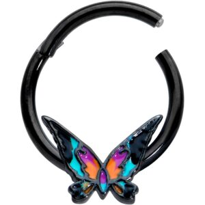 Body Candy Womens 16G Black Plated Steel Hinged Seamless Segment Cartilage Nipple Ring Sunset Butterfly 3/8"