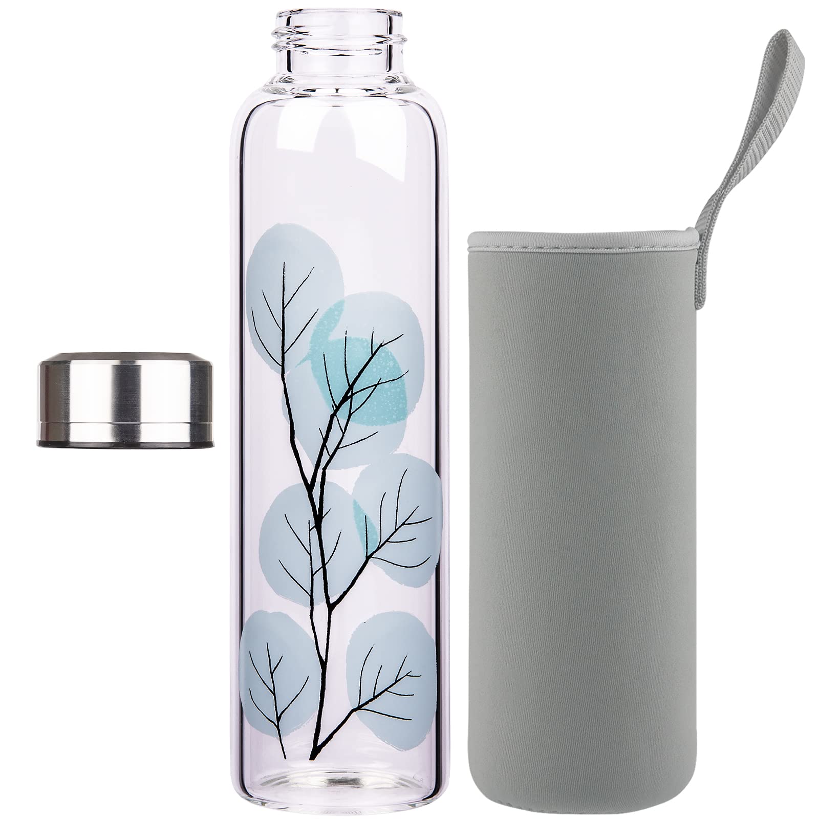 Reeho Borosilicate Glass Water Bottle, Sports Glass Drinking Bottle with Neoprene Sleeve and Stainless Steel Lid 16oz / 32oz (32oz, Blue Leaves)