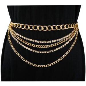 Glamorstar Multilayer Chain Belts for Women Rhinestone Waist Belt Punk Gorgeous Chain for Ladies Dresses Gold 130CM