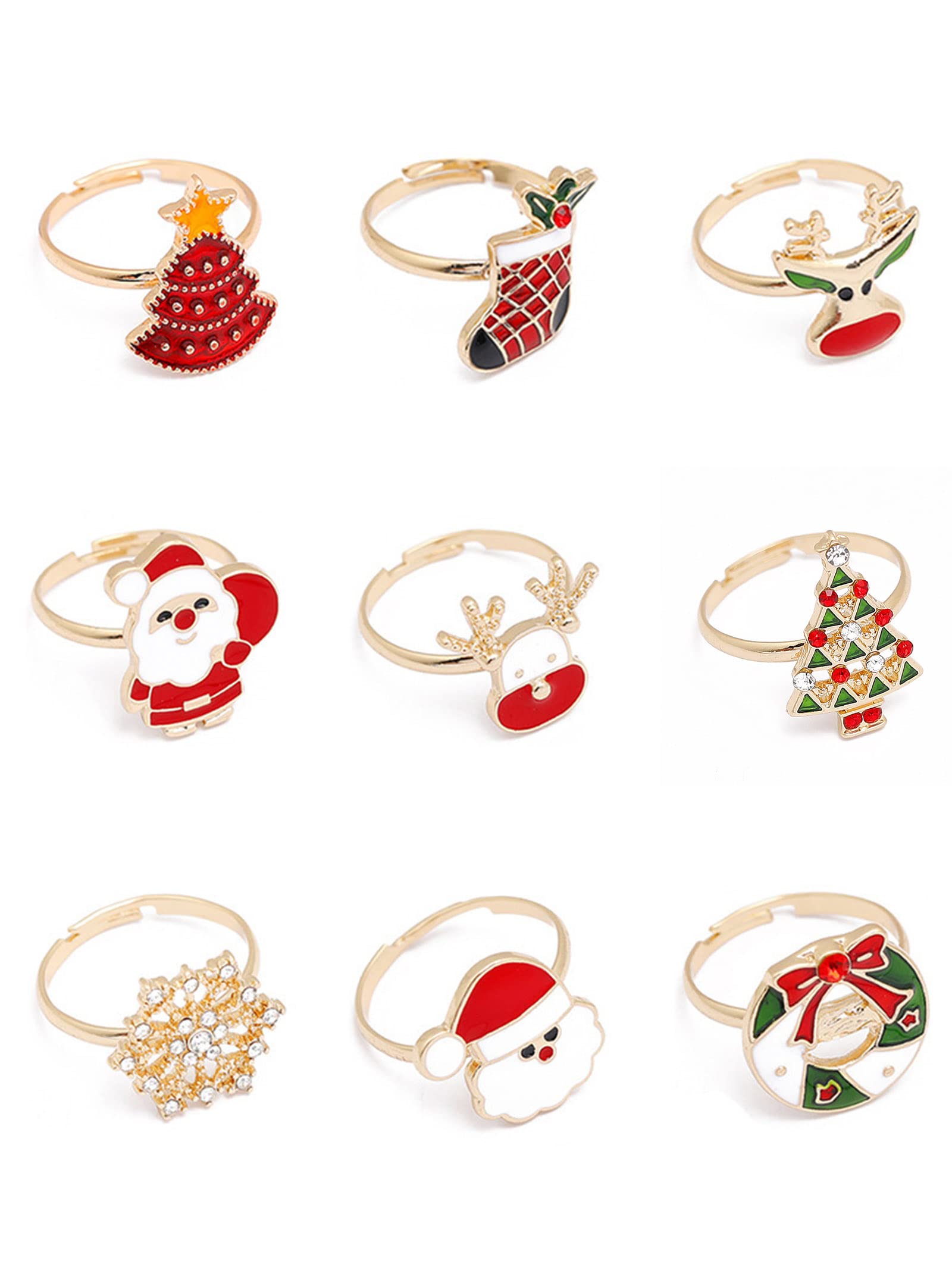 Frodete 9 Pcs Christmas Rings for Women,Rhinestone Christmas Ring Set Gold Santa Claus Bow Snowflake Reindeer Rings for Girls