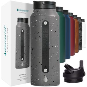 elemental iconic stainless steel water bottle with straw - 32 oz leak proof triple wall insulated water bottles for travel and sports - reusable gym water bottle with 2 straws - grey speckle