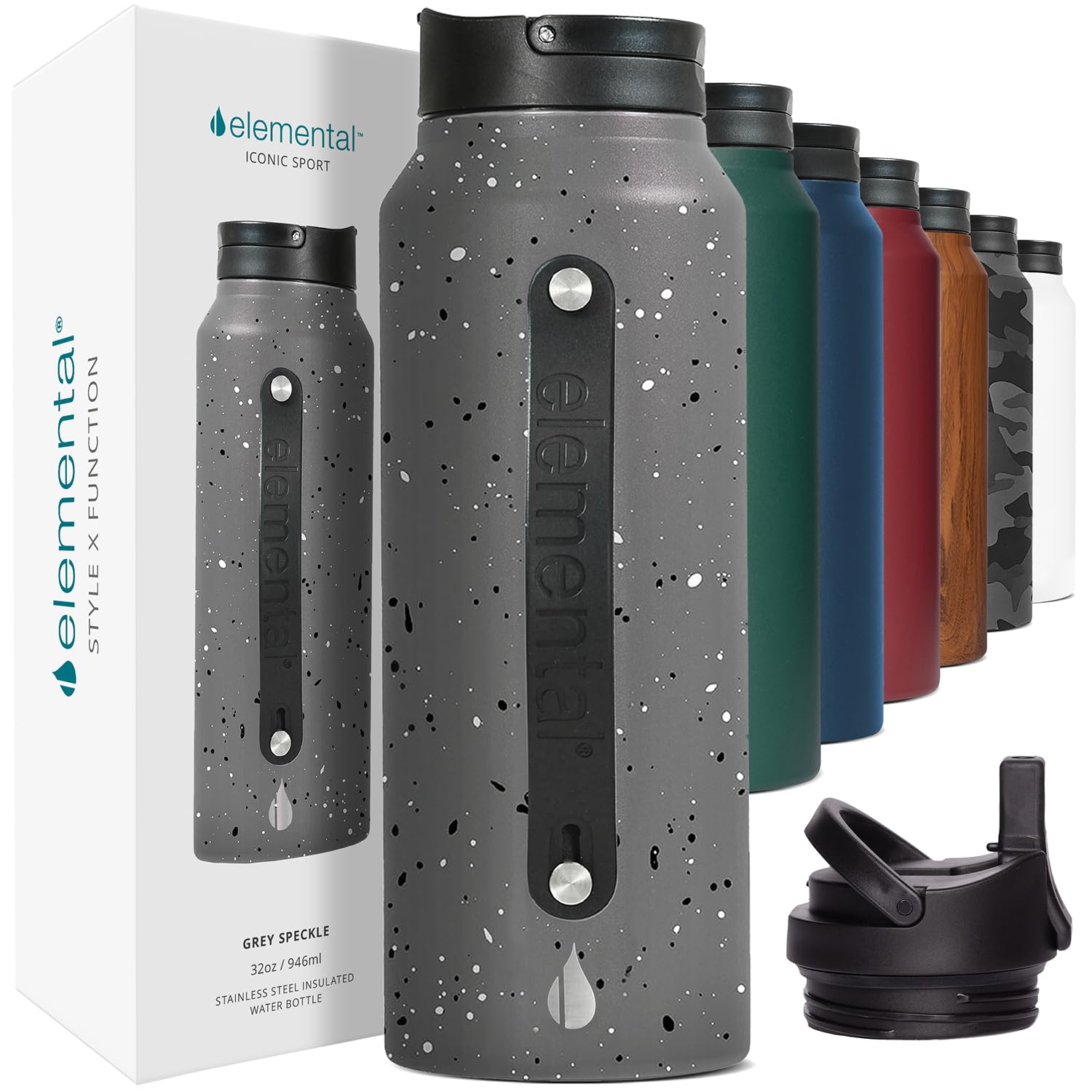 Elemental Iconic Stainless Steel Water Bottle with Straw - 32 oz Leak Proof Triple Wall Insulated Water Bottles for Travel and Sports - Reusable Gym Water Bottle with 2 Straws - Grey Speckle