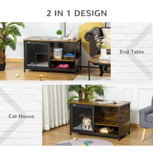 PawHut Cat Kennel, Furniture Style Dog Cage, Wood & Steel End Table Pet House with Cushion and Sliding Doors, Rustic Brown