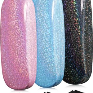 Weewooday 3 Pcs Hard Shell Eyeglasses Cases Glitter Sunglasses Protective Unisex Glasses Case with Cleaning Cloth (Pink, Blue, Black), 6.3 x 2.4 x 1.2 inches/ 16 x 6 x 3 cm