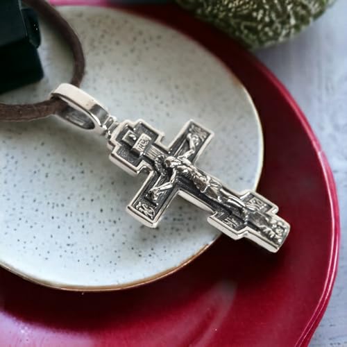 925 Sterling Silver Orthodox Cross Necklace for Men Women - Handmade Crucifix Jesus Christ Pendant with Christian Prayer - Unique Religious Jewelry Gift