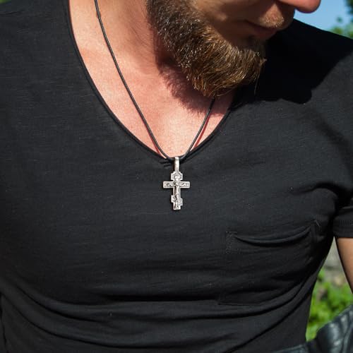 925 Sterling Silver Orthodox Cross Necklace for Men Women - Handmade Crucifix Jesus Christ Pendant with Christian Prayer - Unique Religious Jewelry Gift