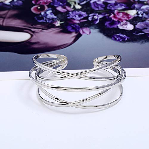 Caiyao Personalized Hollow Retro Open Cuff Bracelet for Women Multi-layer Cross Wire Bangle Bracelet Open Adjustable Wide Cuff Bracelet for Men Fashion Jewelry-B silver