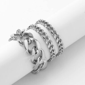 Wiwpar Boho Layered Chunky Bracelets Fashion Layered Link Chain Bracelets Set Adjustable for Women Girls (Silver)