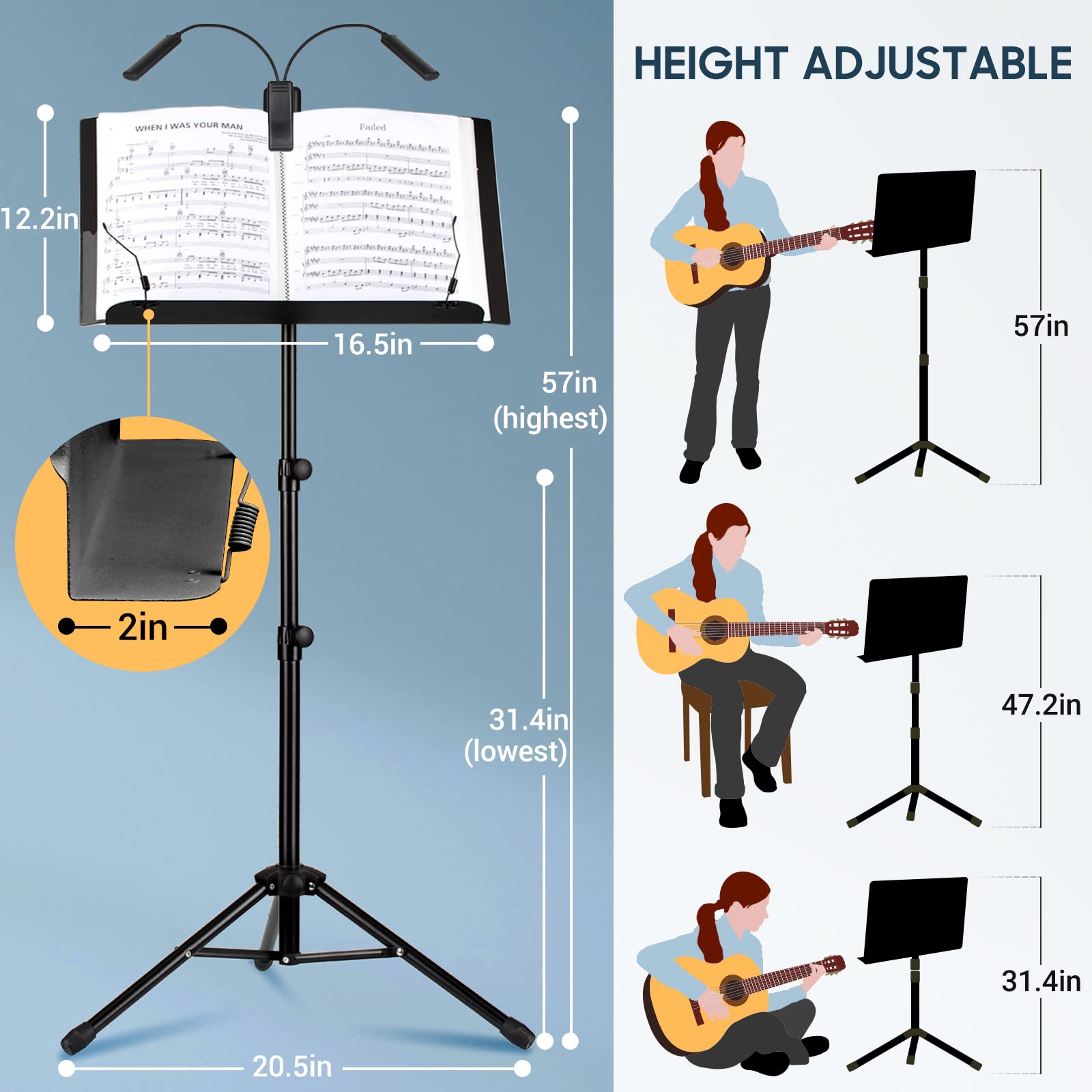 CAHAYA 6 IN 1 Sheet Music Stand with Stand Light Desktop Book Stand with Carrying Bag, Sheet Music Folder & Clip Metal Portable Solid Back for Guitar, Ukulele, Violin Players