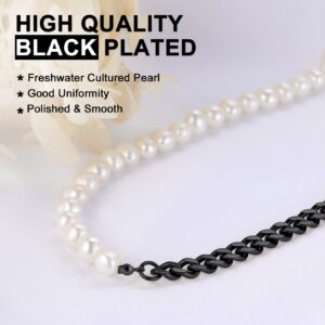 Men's Pearl Necklace Women Half Pearl Half Metal Link Chain Black Cuban Chain Pearls Stands Choker 17"