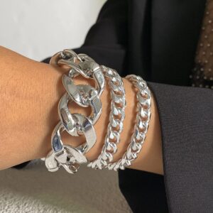 Wiwpar Boho Layered Chunky Bracelets Fashion Layered Link Chain Bracelets Set Adjustable for Women Girls (Silver)