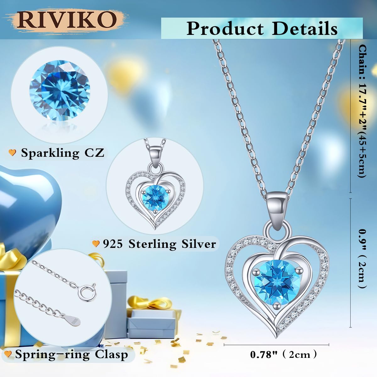 RIVIKO Heart Birthstone Pendant Necklace for Women 925 Sterling Silver Zirconia March Necklaces Christmas Valentine's Day Mothers Day Jewelry Gifts For Her Mother Wife