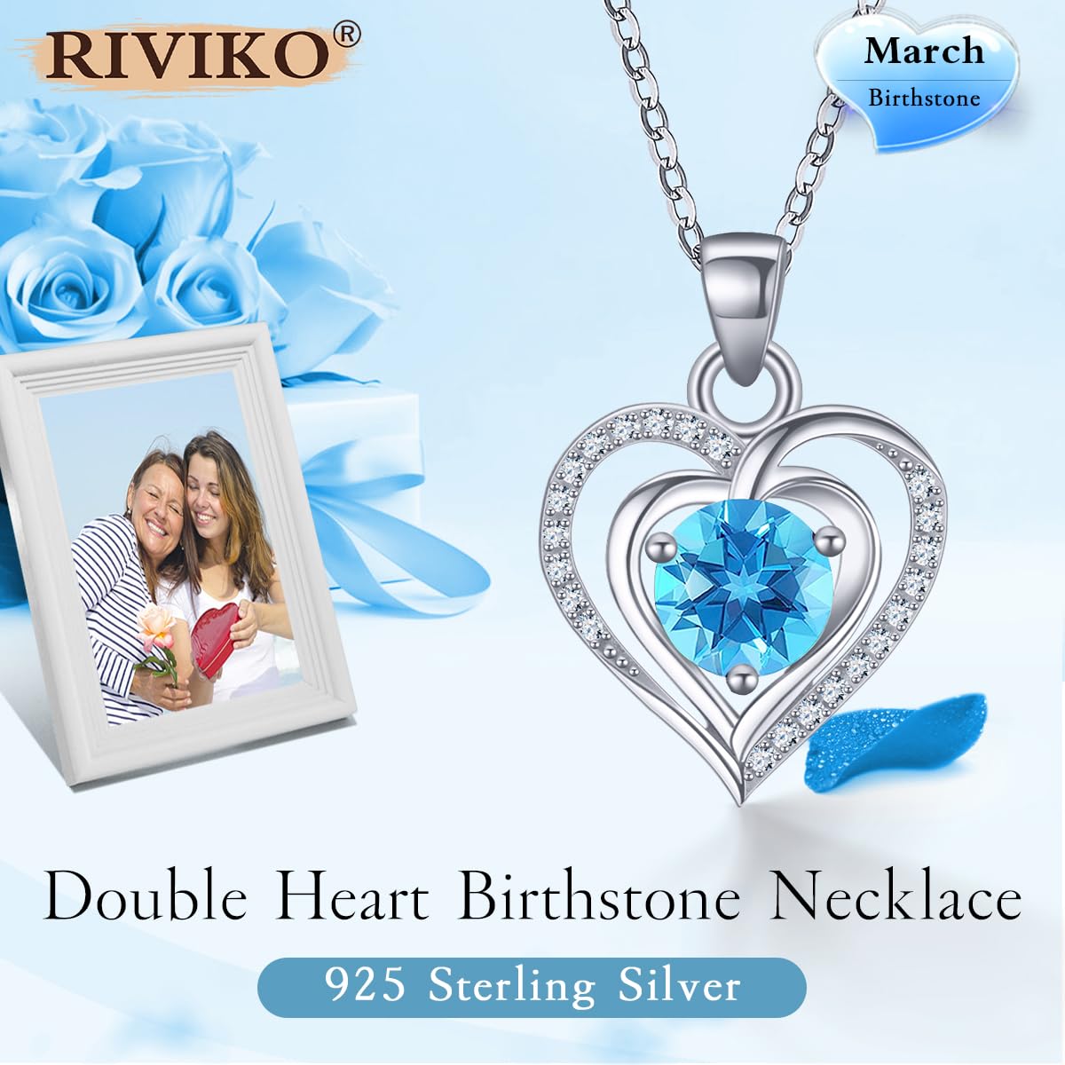 RIVIKO Heart Birthstone Pendant Necklace for Women 925 Sterling Silver Zirconia March Necklaces Christmas Valentine's Day Mothers Day Jewelry Gifts For Her Mother Wife