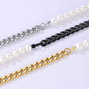 Men's Pearl Necklace Women Half Pearl Half Metal Link Chain Black Cuban Chain Pearls Stands Choker 17"