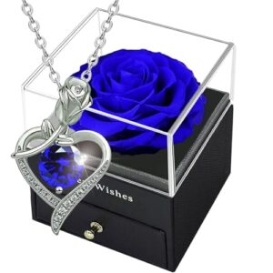 Blue Rose Box with Crystal Necklace - Real Eternal Rose with 925 Sterling Silver Heart Necklace,Enchanted Flower with Blue Birthstone Pendant Gift for women on Valentine's Day Anniversary Wedding.