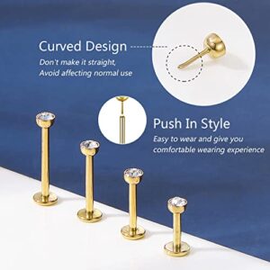 ZS 12Pcs 16G Pushin Lip Rings, Stainless Steel Medusa Piercing Jewelry, 2mm 3mm 4mm CZ Forward Helix Earring, Labret Monroe Piercing Jewelry for Women Men (Gold,L:8mm)