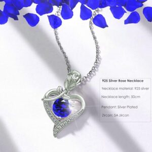 Blue Rose Box with Crystal Necklace - Real Eternal Rose with 925 Sterling Silver Heart Necklace,Enchanted Flower with Blue Birthstone Pendant Gift for women on Valentine's Day Anniversary Wedding.