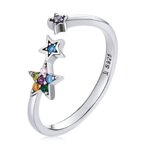 Qings Stars Ring 925 Sterling Silver Adjustable Rings for Women Colorful Zircon Open Ring Stackable Engagement Ring Gift for Women