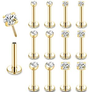 ZS 12Pcs 16G Pushin Lip Rings, Stainless Steel Medusa Piercing Jewelry, 2mm 3mm 4mm CZ Forward Helix Earring, Labret Monroe Piercing Jewelry for Women Men (Gold,L:8mm)