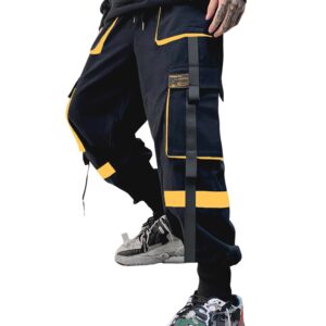 Ambcol Men's Jogger Pants Techwear Hip Hop Harem Pants Streetwear Tactical Track Pants with Drawstring Black-Yellow Medium